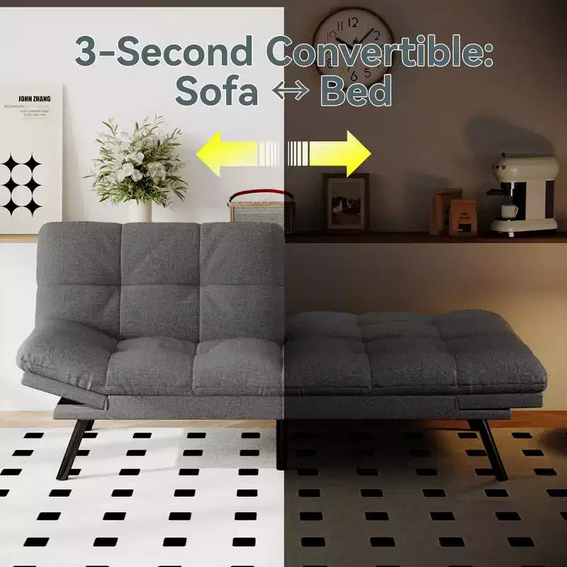 Divano Letto Futon Convertibile con Memory Foam a 3 Strati, Schienale e Braccioli Regolabili – Lino