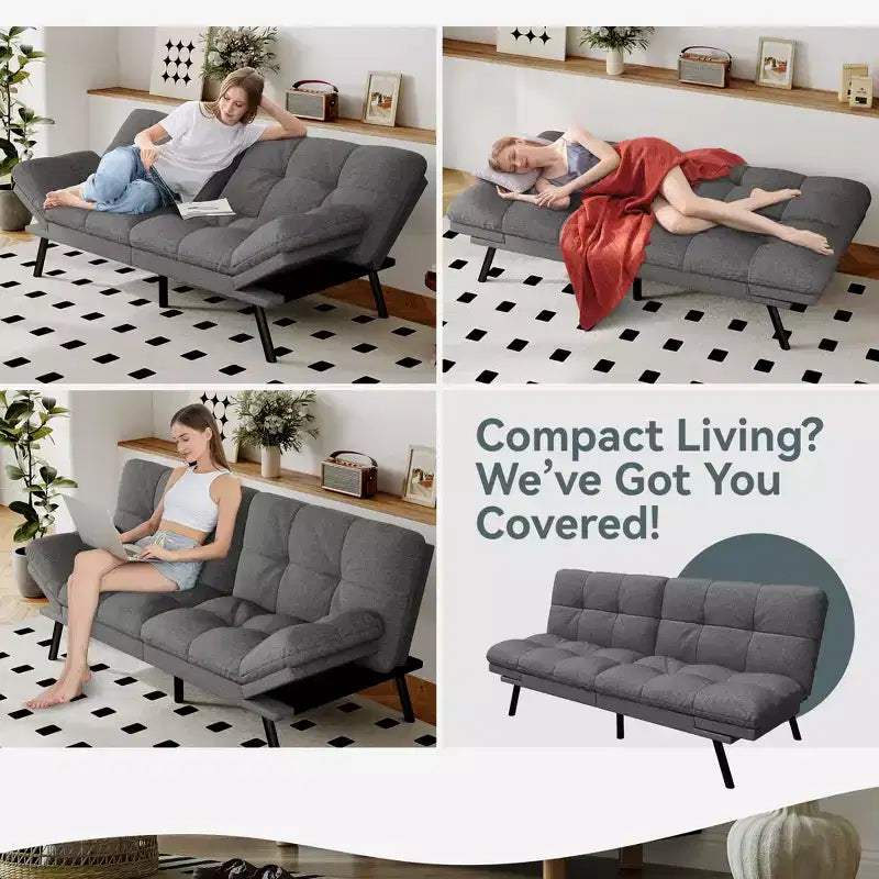 Divano Letto Futon Convertibile con Memory Foam a 3 Strati, Schienale e Braccioli Regolabili – Lino