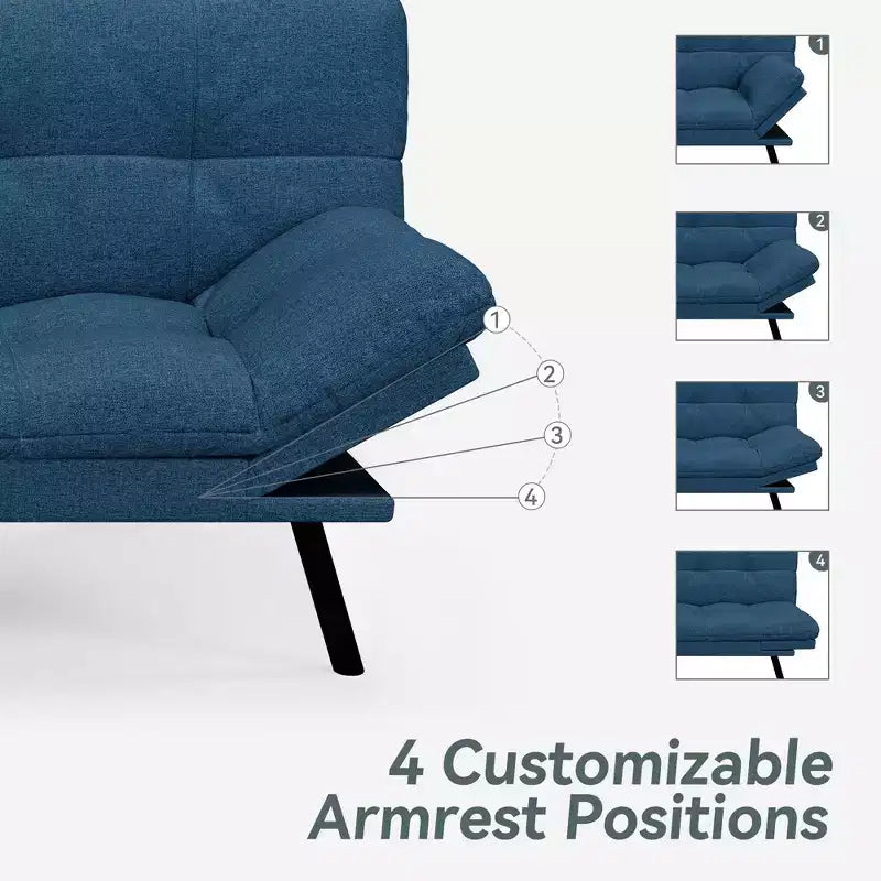 Divano Letto Futon Convertibile con Memory Foam a 3 Strati, Schienale e Braccioli Regolabili – Lino
