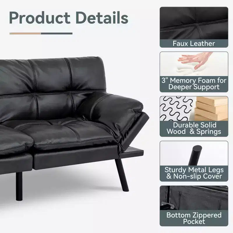 Divano Letto Futon Convertibile con Memory Foam a 3 Strati, Schienale e Braccioli Regolabili – Lino