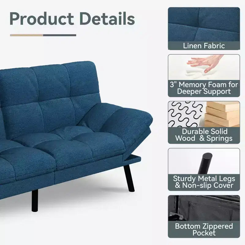 Divano Letto Futon Convertibile con Memory Foam a 3 Strati, Schienale e Braccioli Regolabili – Lino