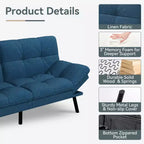 Divano Letto Futon Convertibile con Memory Foam a 3 Strati, Schienale e Braccioli Regolabili – Lino