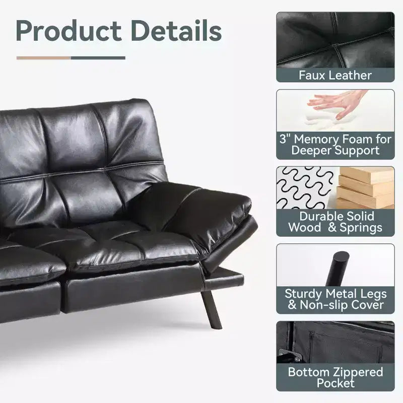 Divano Letto Futon Convertibile con Memory Foam a 3 Strati, Schienale e Braccioli Regolabili – Lino
