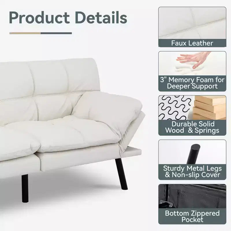 Divano Letto Futon Convertibile con Memory Foam a 3 Strati, Schienale e Braccioli Regolabili – Lino