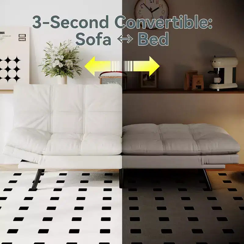 Divano Letto Futon Convertibile con Memory Foam a 3 Strati, Schienale e Braccioli Regolabili – Lino