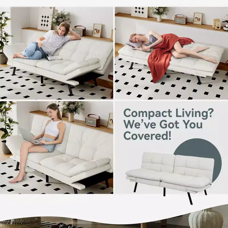 Divano Letto Futon Convertibile con Memory Foam a 3 Strati, Schienale e Braccioli Regolabili – Lino