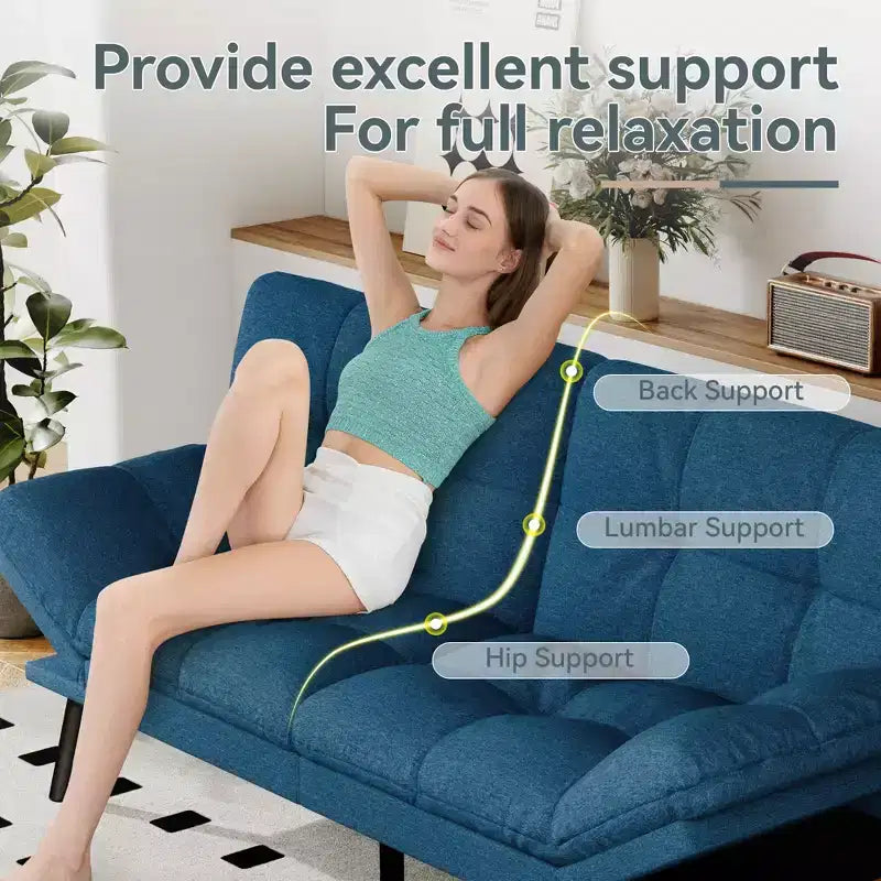Divano Letto Futon Convertibile con Memory Foam a 3 Strati, Schienale e Braccioli Regolabili – Lino