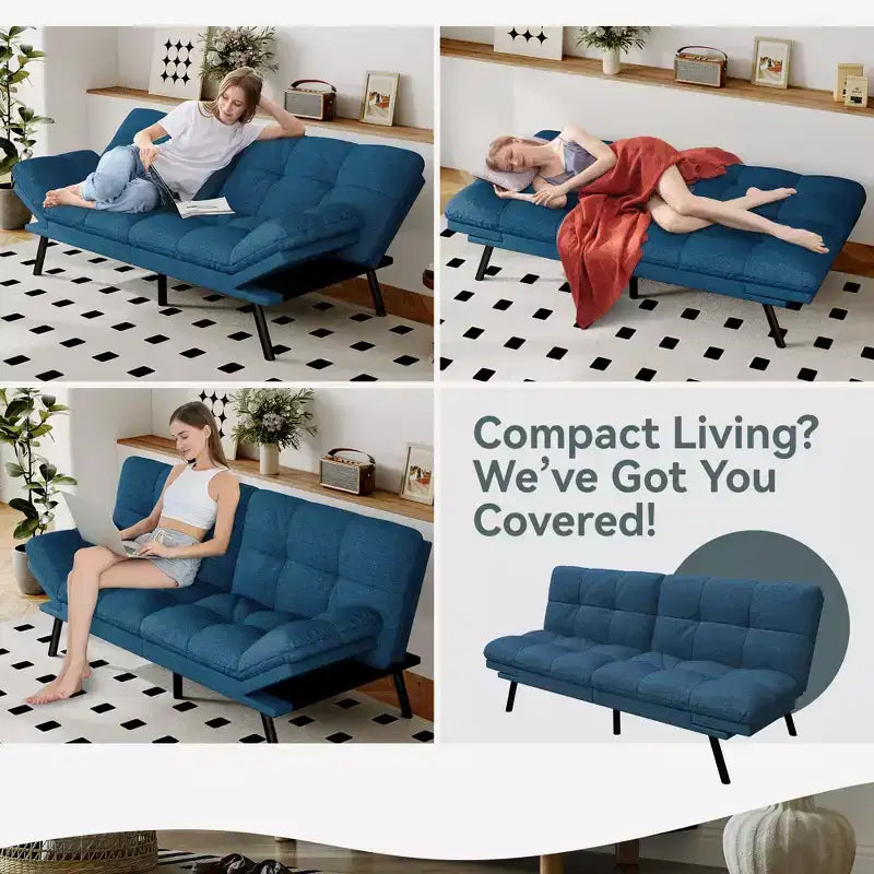 Divano Letto Futon Convertibile con Memory Foam a 3 Strati, Schienale e Braccioli Regolabili – Lino