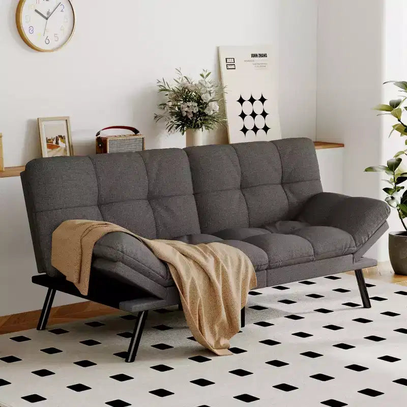 Divano Letto Futon Convertibile con Memory Foam a 3 Strati, Schienale e Braccioli Regolabili – Lino