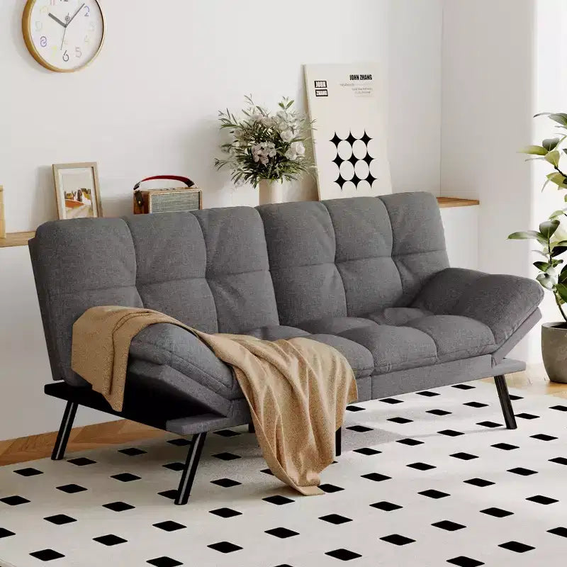 Divano Letto Futon Convertibile con Memory Foam a 3 Strati, Schienale e Braccioli Regolabili – Lino