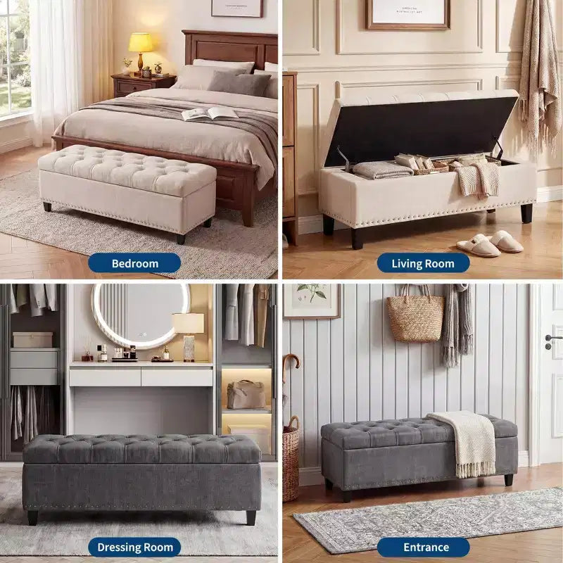 Panca Contenitore Extra Large 51", Capacità 300 kg, Cassapanca da Fondo Letto con Rivestimento Trapuntato e Cerniera di Sicurezza per Camera da Letto, Ingresso e Soggiorno