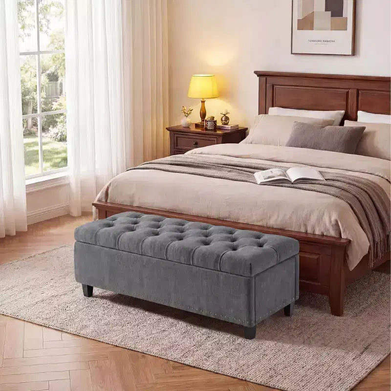 Panca Contenitore Extra Large 51", Capacità 300 kg, Cassapanca da Fondo Letto con Rivestimento Trapuntato e Cerniera di Sicurezza per Camera da Letto, Ingresso e Soggiorno