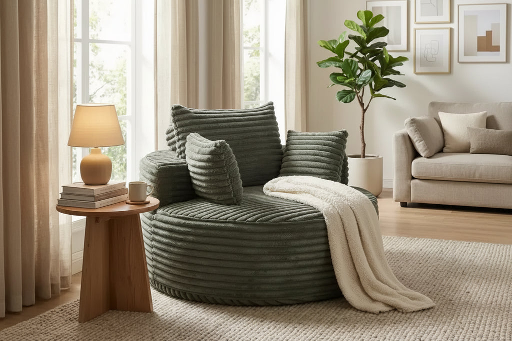 FurnitureR Round Lounge Chair, Corduroy Upholstered Accent Chair with Deep Seat, Modern Comfy Single Sofa for Living Room Bedroom Apartment