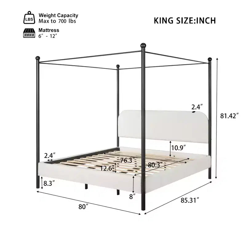 Struttura letto a baldacchino imbottita in Bouclé con testiera curva | Ferro e legno | Nessuna rete a molle necessaria