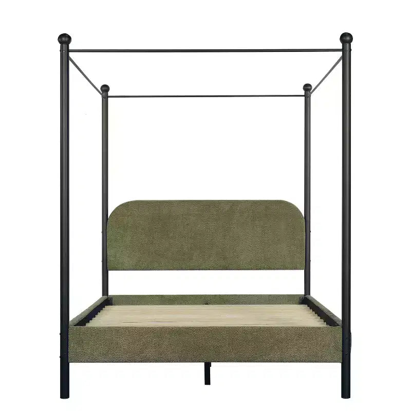 Struttura letto a baldacchino imbottita in Bouclé con testiera curva | Ferro e legno | Nessuna rete a molle necessaria