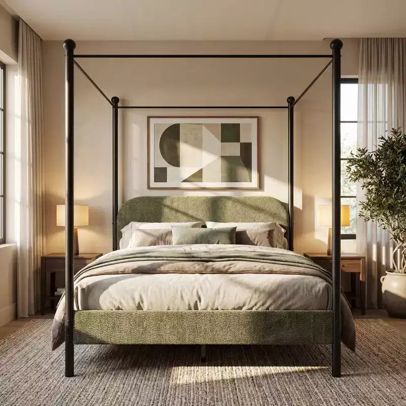 Christopher Knight Home Roman Modern Iron and Wood Boucle Upholstered Canopy Bed Frame with Curved Headboard