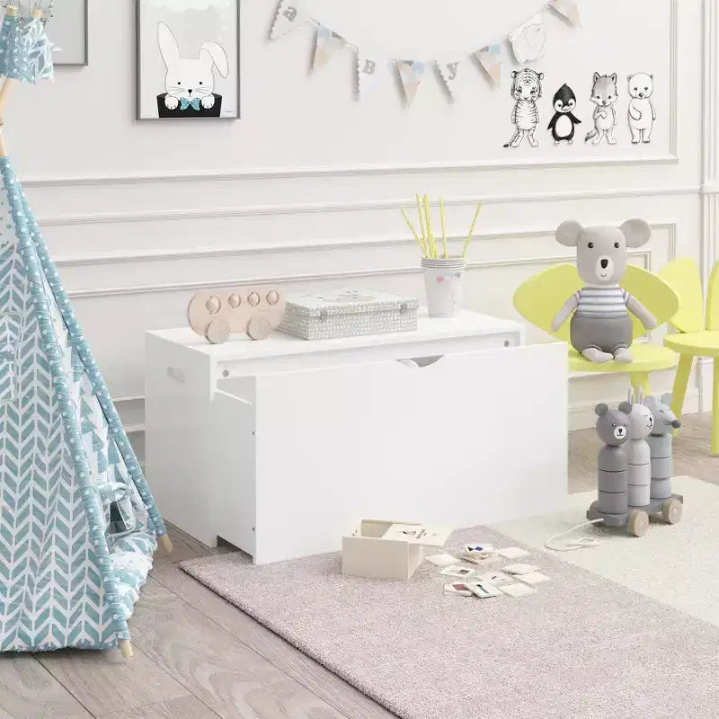 Organizer porta giocattoli per bambini con cassetto scorrevole, Baule giocattoli in legno con ruote per cameretta e sala giochi