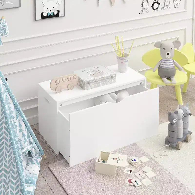 Organizer porta giocattoli per bambini con cassetto scorrevole, Baule giocattoli in legno con ruote per cameretta e sala giochi