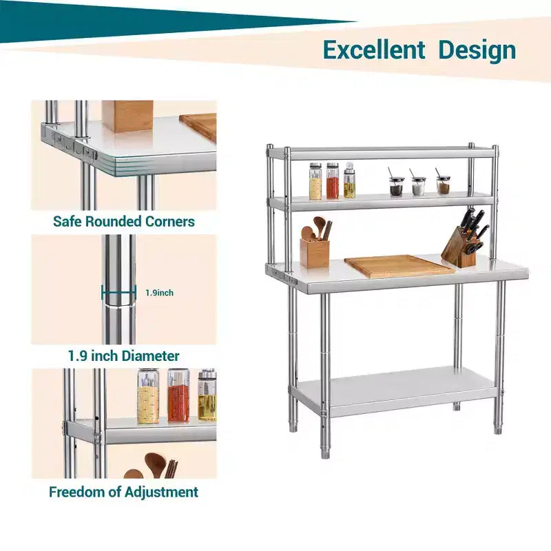 Tavolo da Lavoro Robusto in Acciaio Inossidabile con Ripiano Superiore, Tavolo da Preparazione Commerciale per Ristoranti, Cucine e Officine, Disponibile in Diverse Misure