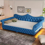 Letto a Divano Imbottito Queen Size con Illuminazione a LED – Rifinitura con Borchie, Schienale in Lino Trapuntato, Capacità 272 kg