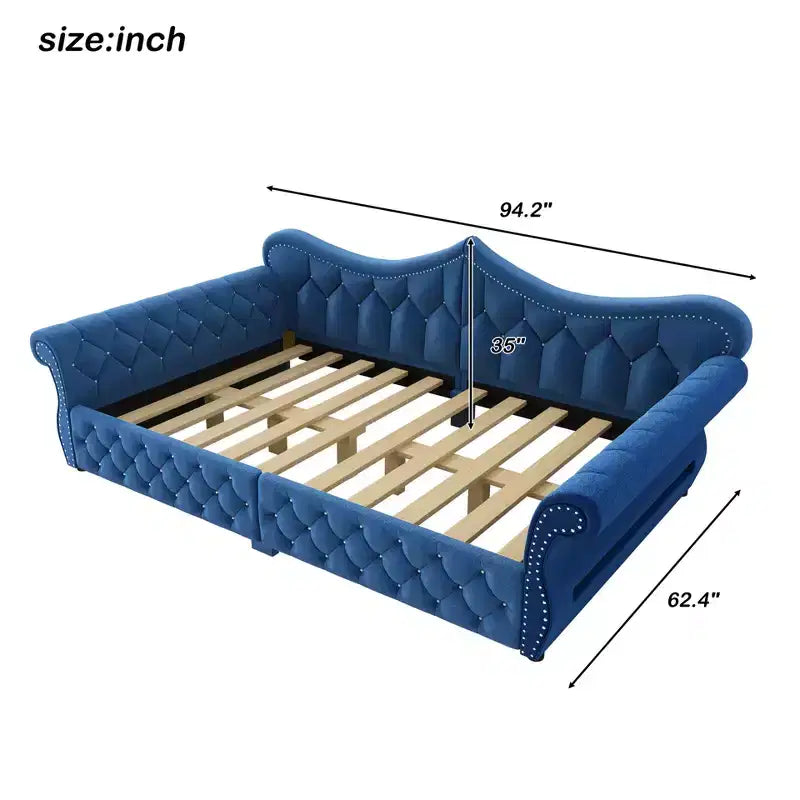 Letto a Divano Imbottito Queen Size con Illuminazione a LED – Rifinitura con Borchie, Schienale in Lino Trapuntato, Capacità 272 kg