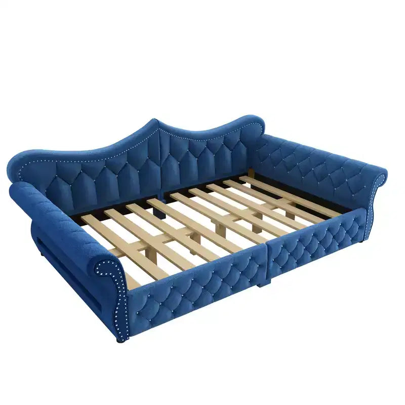 Letto a Divano Imbottito Queen Size con Illuminazione a LED – Rifinitura con Borchie, Schienale in Lino Trapuntato, Capacità 272 kg