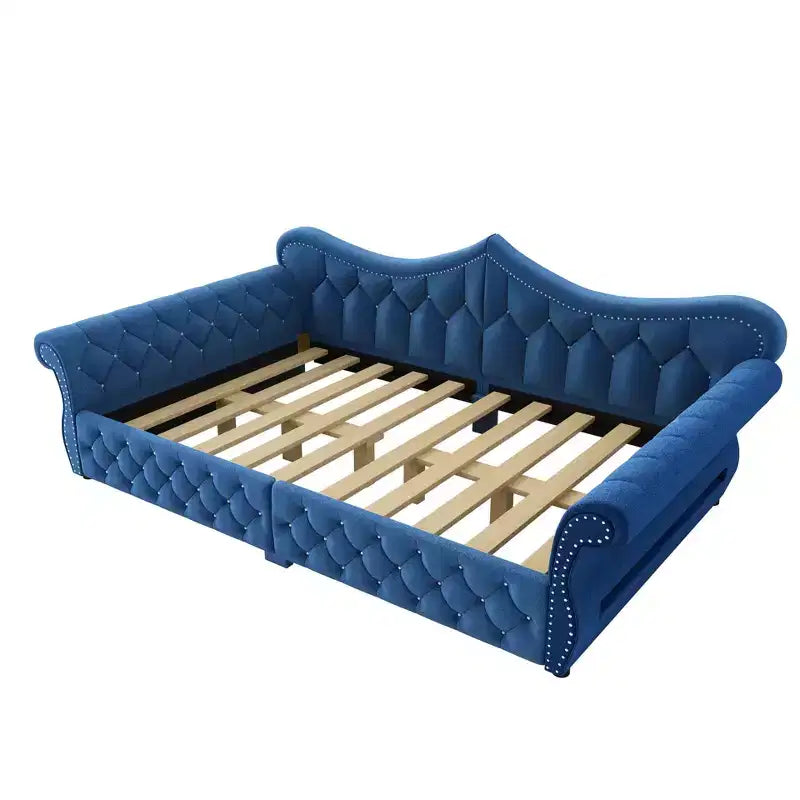 Letto a Divano Imbottito Queen Size con Illuminazione a LED – Rifinitura con Borchie, Schienale in Lino Trapuntato, Capacità 272 kg