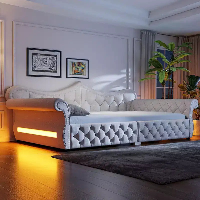 Letto a Divano Imbottito Queen Size con Illuminazione a LED – Rifinitura con Borchie, Schienale in Lino Trapuntato, Capacità 272 kg