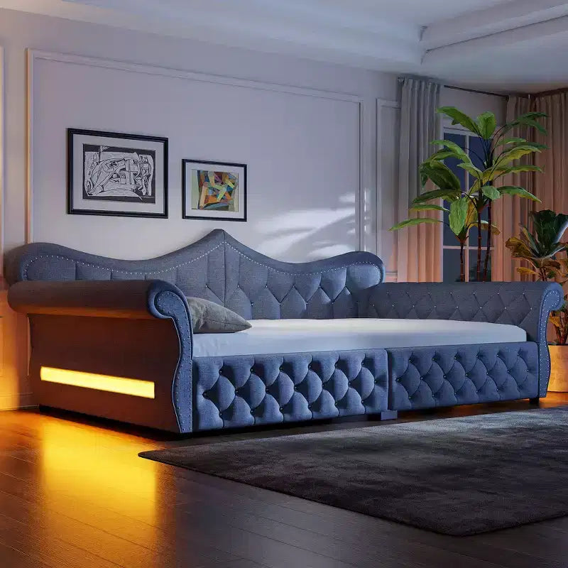 Letto a Divano Imbottito Queen Size con Illuminazione a LED – Rifinitura con Borchie, Schienale in Lino Trapuntato, Capacità 272 kg