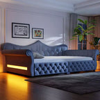 Letto a Divano Imbottito Queen Size con Illuminazione a LED – Rifinitura con Borchie, Schienale in Lino Trapuntato, Capacità 272 kg