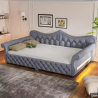 Letto a Divano Imbottito Queen Size con Illuminazione a LED – Rifinitura con Borchie, Schienale in Lino Trapuntato, Capacità 272 kg