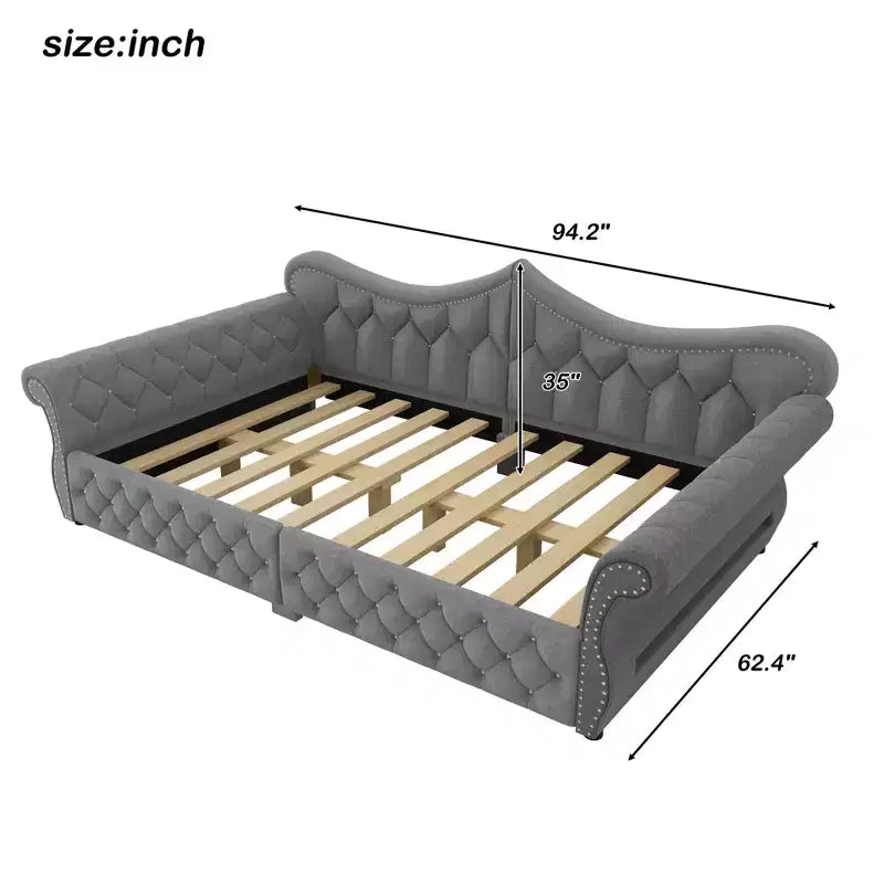 Letto a Divano Imbottito Queen Size con Illuminazione a LED – Rifinitura con Borchie, Schienale in Lino Trapuntato, Capacità 272 kg