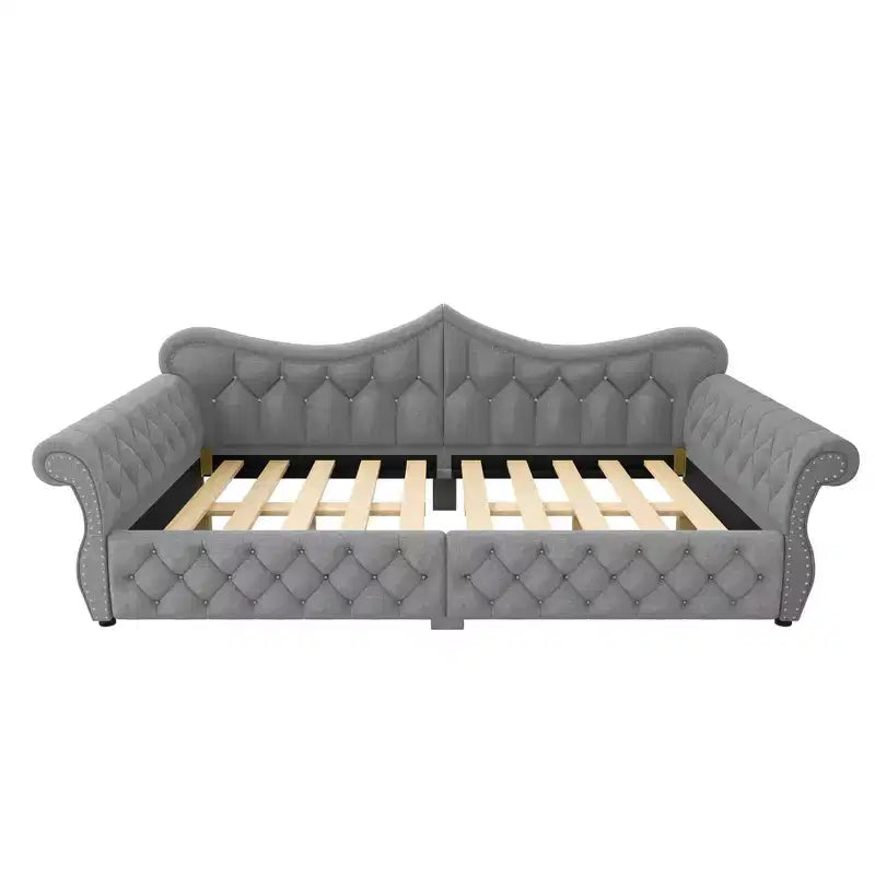 Letto a Divano Imbottito Queen Size con Illuminazione a LED – Rifinitura con Borchie, Schienale in Lino Trapuntato, Capacità 272 kg