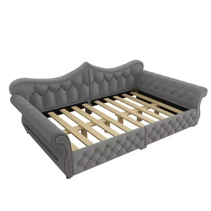 Letto a Divano Imbottito Queen Size con Illuminazione a LED – Rifinitura con Borchie, Schienale in Lino Trapuntato, Capacità 272 kg