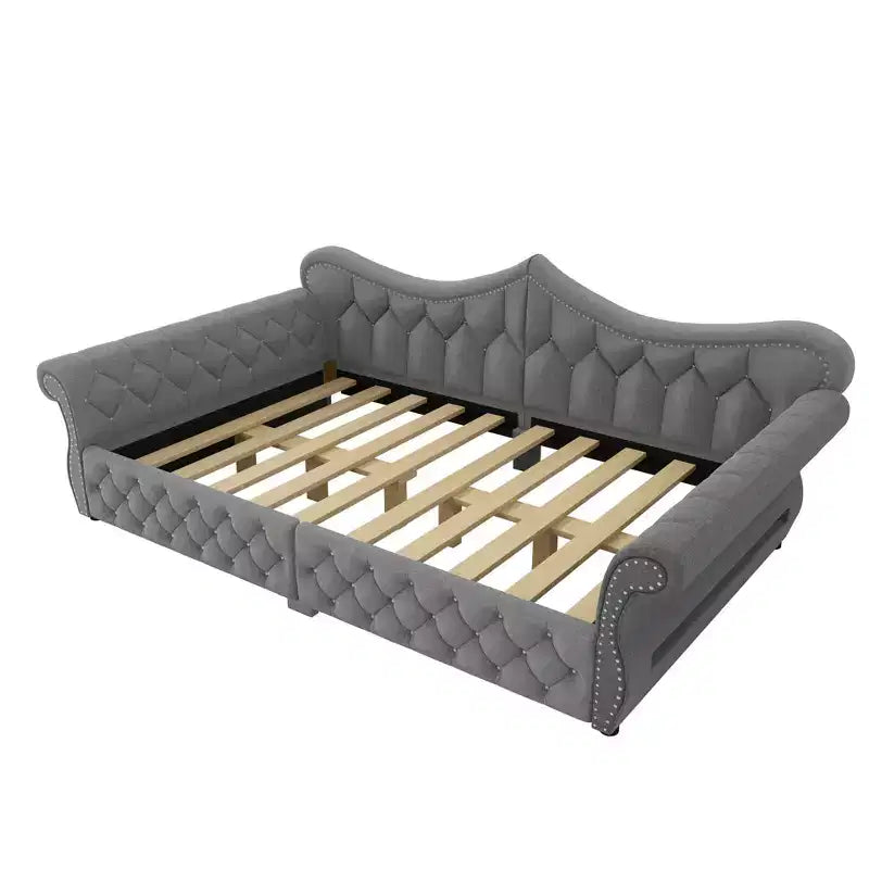 Letto a Divano Imbottito Queen Size con Illuminazione a LED – Rifinitura con Borchie, Schienale in Lino Trapuntato, Capacità 272 kg