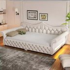 Letto a Divano Imbottito Queen Size con Illuminazione a LED – Rifinitura con Borchie, Schienale in Lino Trapuntato, Capacità 272 kg