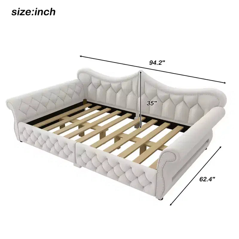 Letto a Divano Imbottito Queen Size con Illuminazione a LED – Rifinitura con Borchie, Schienale in Lino Trapuntato, Capacità 272 kg