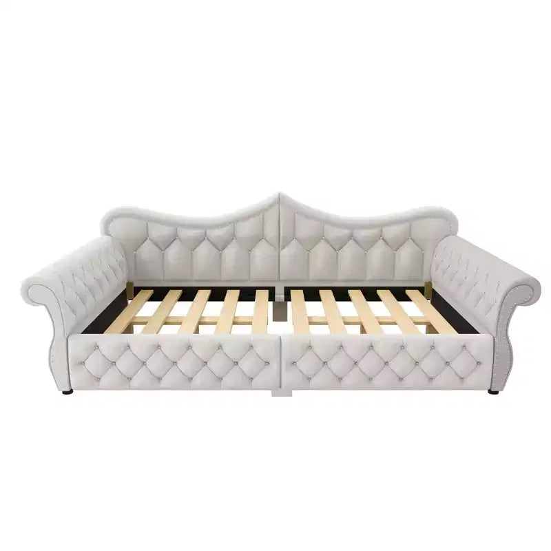 Letto a Divano Imbottito Queen Size con Illuminazione a LED – Rifinitura con Borchie, Schienale in Lino Trapuntato, Capacità 272 kg