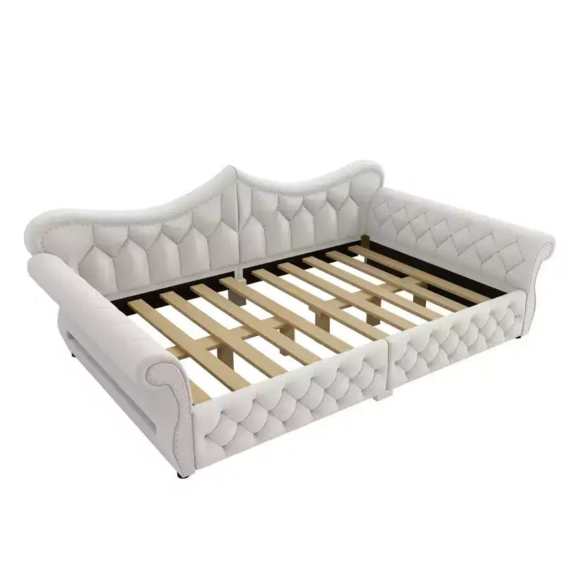 Letto a Divano Imbottito Queen Size con Illuminazione a LED – Rifinitura con Borchie, Schienale in Lino Trapuntato, Capacità 272 kg