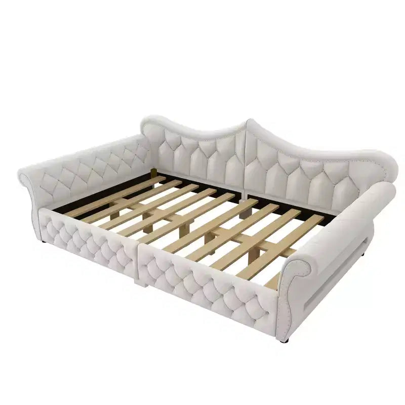 Letto a Divano Imbottito Queen Size con Illuminazione a LED – Rifinitura con Borchie, Schienale in Lino Trapuntato, Capacità 272 kg