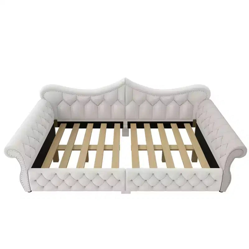 Letto a Divano Imbottito Queen Size con Illuminazione a LED – Rifinitura con Borchie, Schienale in Lino Trapuntato, Capacità 272 kg