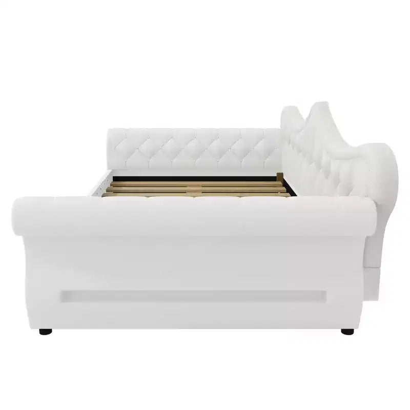 Letto a Divano Imbottito Queen Size con Illuminazione a LED – Rifinitura con Borchie, Schienale in Lino Trapuntato, Capacità 272 kg