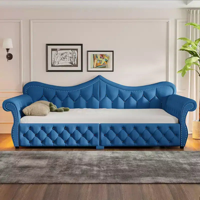 Letto a Divano Imbottito Queen Size con Illuminazione a LED – Rifinitura con Borchie, Schienale in Lino Trapuntato, Capacità 272 kg