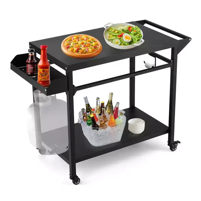 Carrello per griglia da esterno con ruote bloccabili, vassoio portaoggetti, maniglia laterale per patio, giardino, campeggio