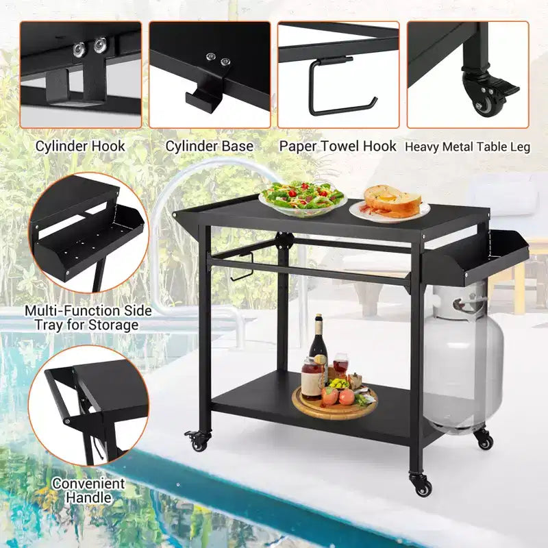 Carrello per griglia da esterno con ruote bloccabili, vassoio portaoggetti, maniglia laterale per patio, giardino, campeggio