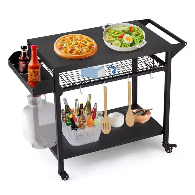 Carrello per griglia da esterno con ruote bloccabili, vassoio portaoggetti, maniglia laterale per patio, giardino, campeggio
