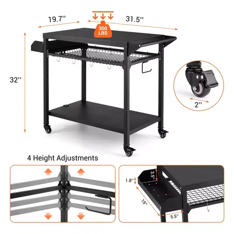 Carrello per griglia da esterno con ruote bloccabili, vassoio portaoggetti, maniglia laterale per patio, giardino, campeggio