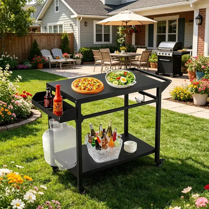 Carrello per griglia da esterno con ruote bloccabili, vassoio portaoggetti, maniglia laterale per patio, giardino, campeggio