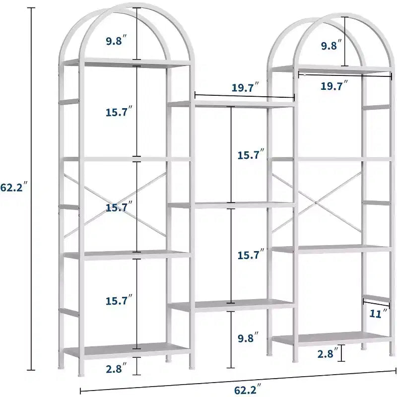 Libreria ad arco a 4 livelli, 11 ripiani aperti, struttura in metallo e ripiani in legno, scaffale alto e largo per soggiorno, camera da letto, ufficio
