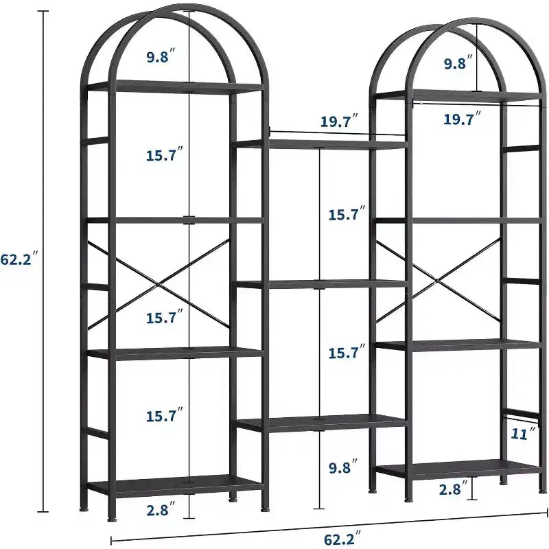 Libreria ad arco a 4 livelli, 11 ripiani aperti, struttura in metallo e ripiani in legno, scaffale alto e largo per soggiorno, camera da letto, ufficio